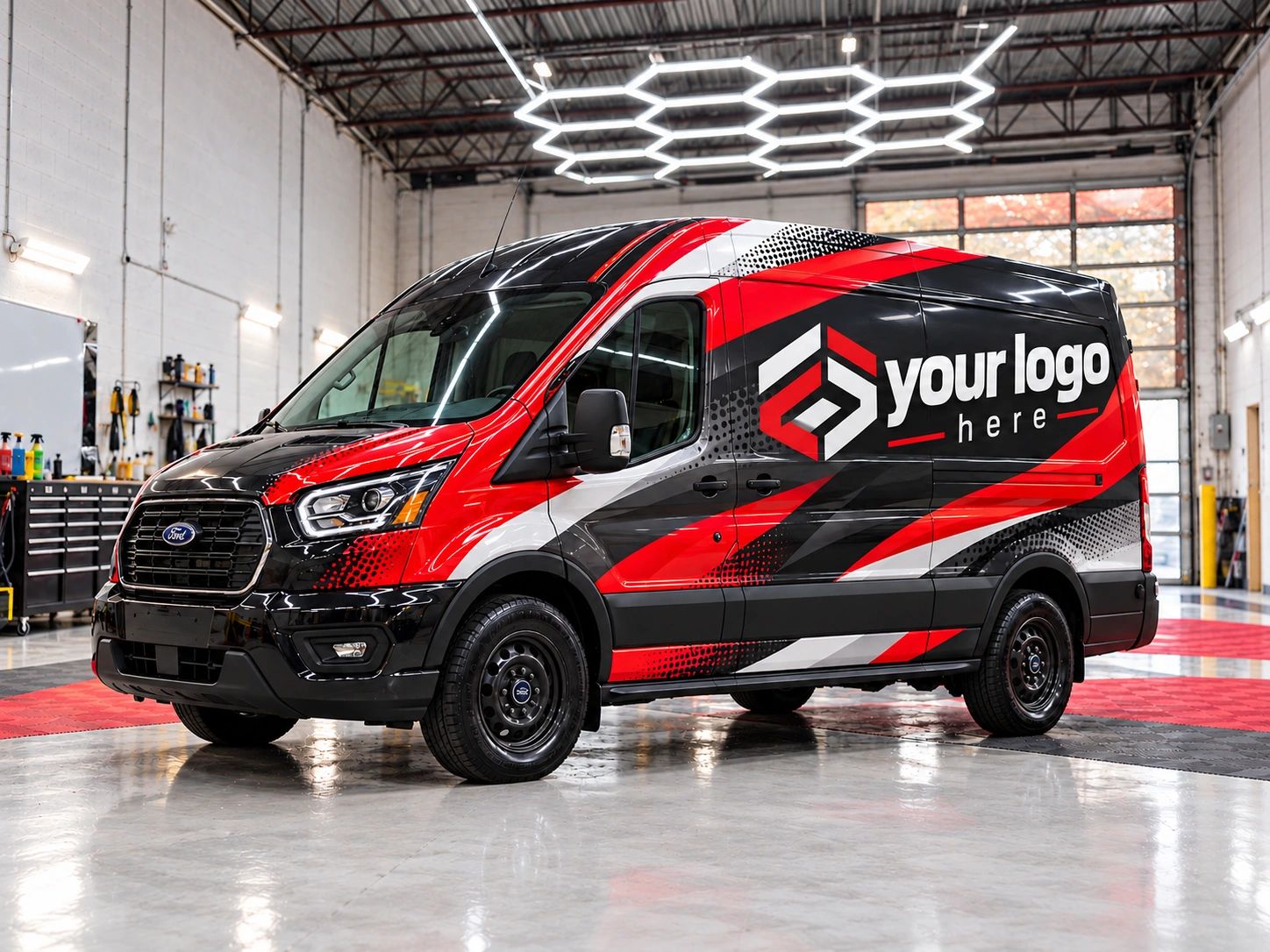 Ford Transit commercial van wrap in black, red and white by Wrapbeast in Fairfax, VA